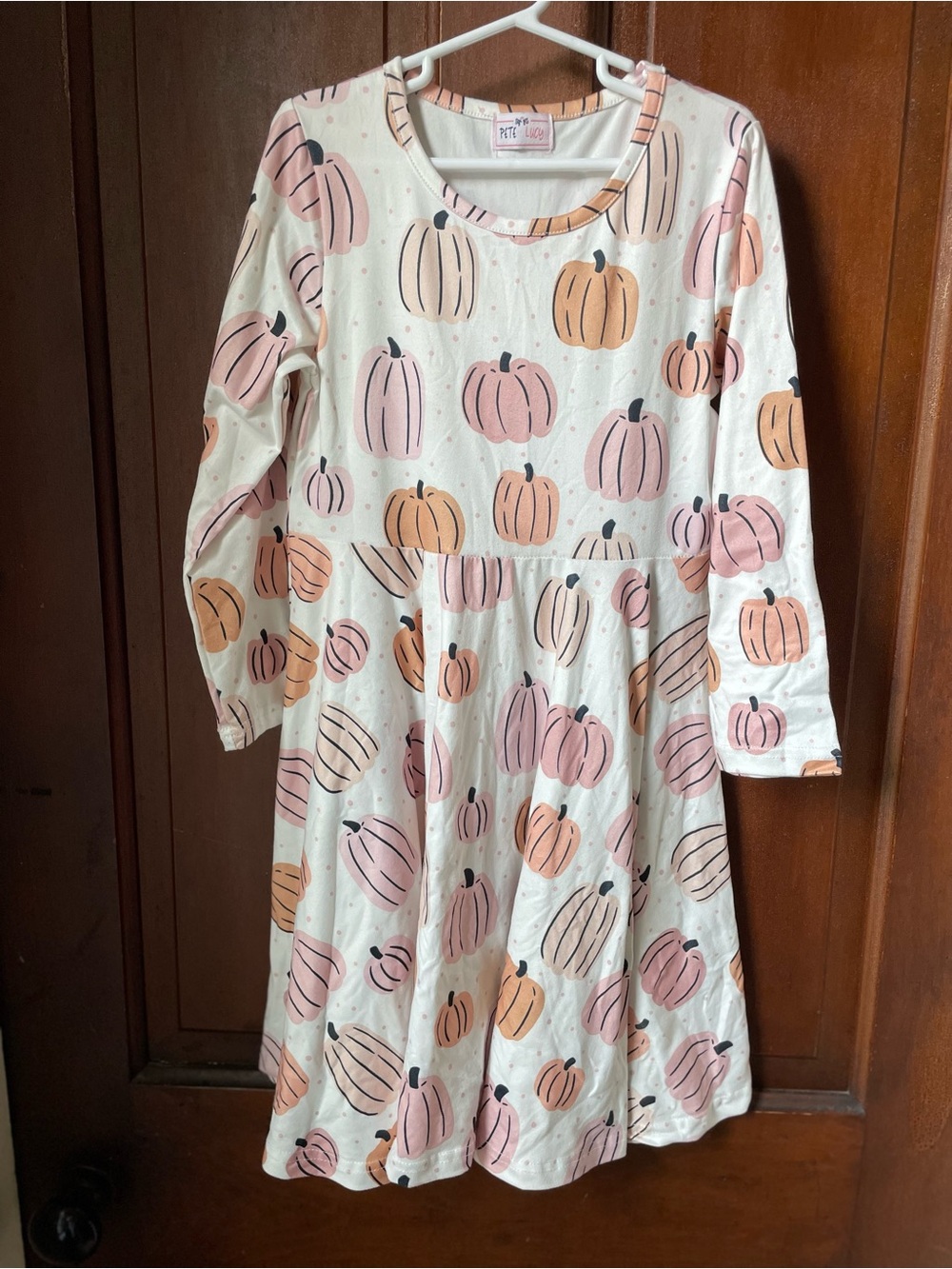 Pete & Lucy girls size 7-8 long sleeve white dress with pumpkins